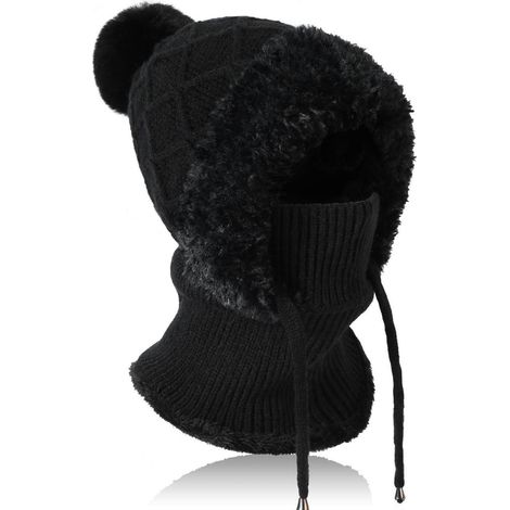 Strickmütze Damen 3-in-1 Thermo Winter mit Halswärmer & Gesichtsmaske, Fleece gefüttert, Schwarz (1/5)