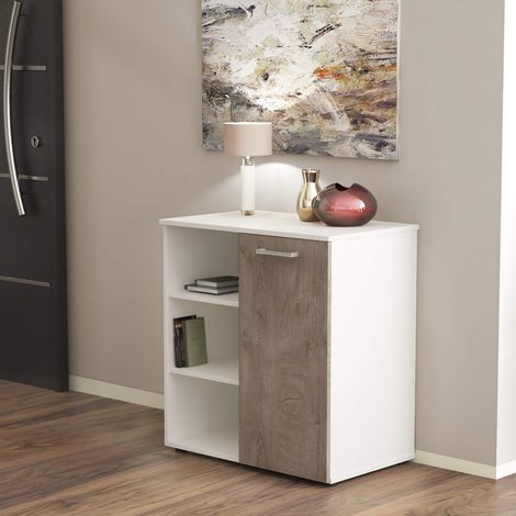 Mobiletto ingresso moderno con 1 anta battente e 3 mensole a vista di colore Bianco e Rovere chiaro mod. Mark (1/6)