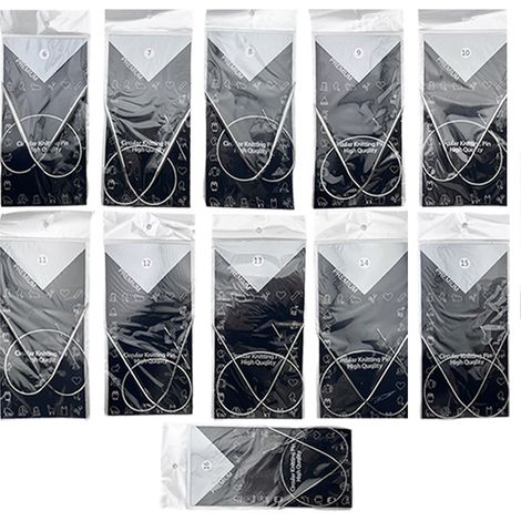 11 agujas circulares de tejer, acero inoxidable pulido, varios tamaños (43-80 cm), para tejer suéteres y bufandas. (1/5)