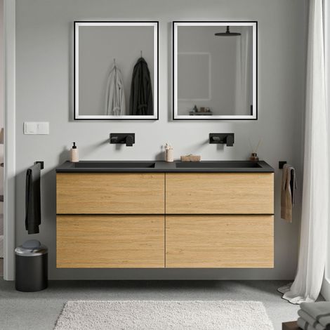 Waschtischunterschrank Bernstein LAVOA 140cm mit Mineralguss Waschbecken BRUXELLES Badmöbel: Eiche Honiggold, Waschbecken: Schwarz matt ohne Hahnloch, Metallgriff: Schwarz matt