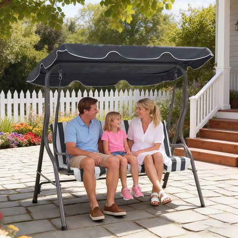 Balancelle de jardin toit imperméabilisé inclinaison réglable coussins assise dossier gris blanc rayé 3 places finition de qualité