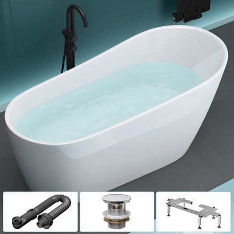 Mai & Mai freistehende Acryl-Badewanne Oval Standbadewanne Weiß inkl. Push-Open Ablaufgarnitur Breite 170cm V528
