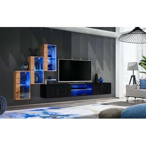 Ensemble meuble TV mural Switch XXII - L 240 x P 40 x H 170 cm - Marron et noir - Livraison gratuite
