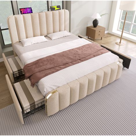 Letto imbottito moderno 140x190 cm in lino beige con testiera USB/Type-C, 4 cassetti e rete a doghe