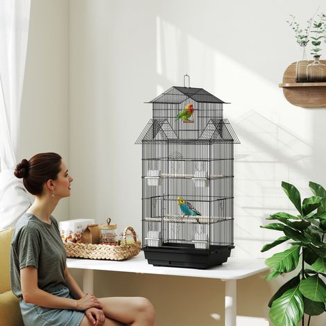 Cage à oiseaux volière comprenant balançoire poignée portable 4 mangeoires 3 perchoirs 50,5 x 41 x 104 centimètres en acier noir