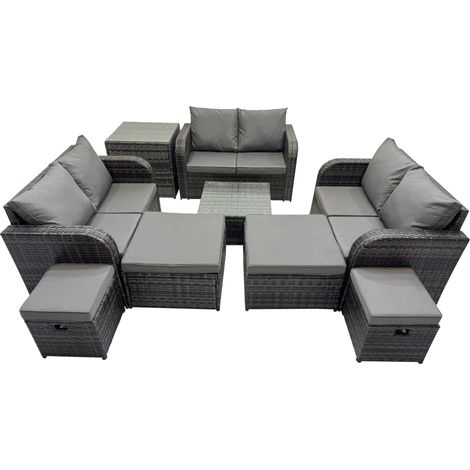 Fimous Rattan Garden Outdoor Furniture Set Love Sofa Square Coffee Table Set with 4 Stools Side Table Dark Grey Mixed (1/5)