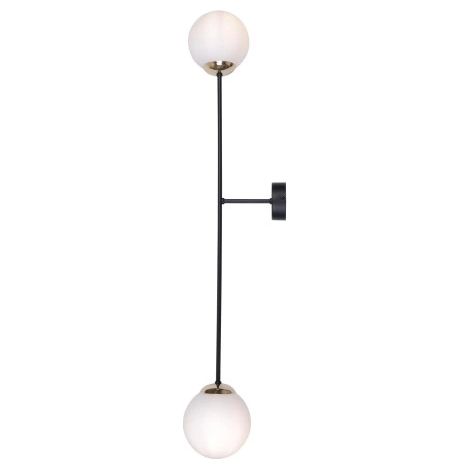 Lámpara de pared doble negra con pantalla de bola dorada, lámpara de pared de cristal negro, 2x E14 (1/5)