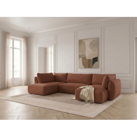 BOBOCHIC - Canapé d'angle panoramique convertible ESMEE tissu chenille Angle droit Orange (1/5)
