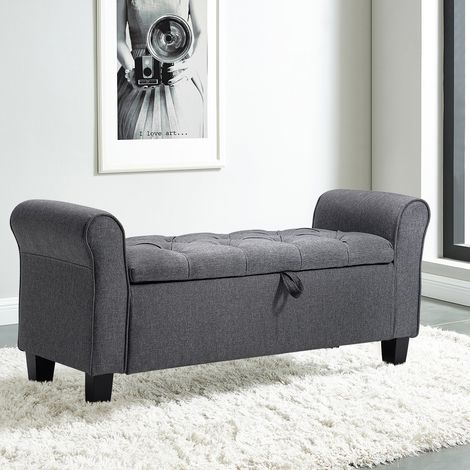 Linen Buttoned Storage Bench with Armrest, Dark Grey (1/5)