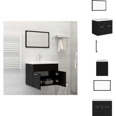 Badmöbel-Set Schwarz Holzwerkstoff - Badezimmersatz - Schreibtisch - Unterschrank - Spiegelschrank - Waschtrog (1/5)