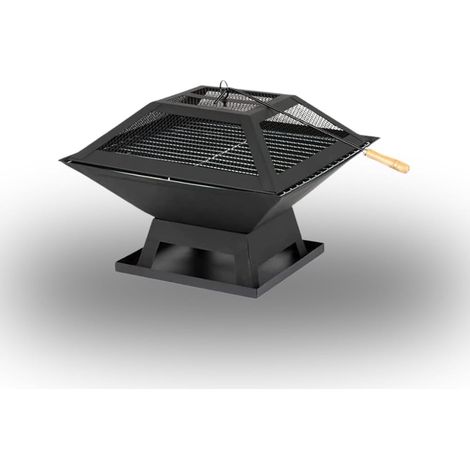 Square Fire Pit grill Black Metal Garden Brazier with Mesh Lid & Poker, Outdoor Wood Burning Patio Fire Pit Tablebarbecue