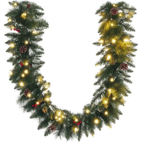 Ghirlanda luminosa natalizia artificiale da 1,8 m con pigne, grappoli di bacche, 50 luci LED e timer, per casa, negozi e ufficio. (1/5)