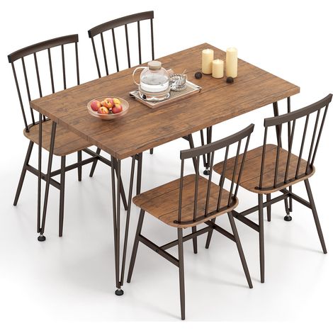COSTWAY 5-Pcs Dining Table Set Rectangular Kitchen Table & 4 Chairs-Walnut