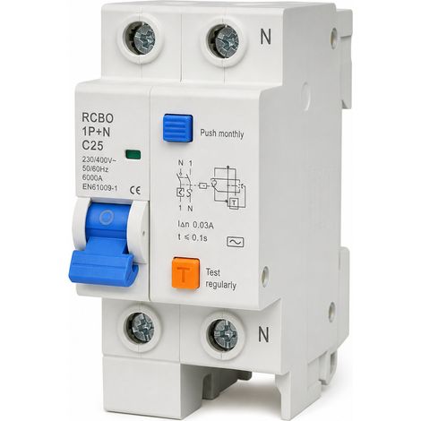 Disjoncteur différentiel RCBO 1P+N C25A 6kA EN61009