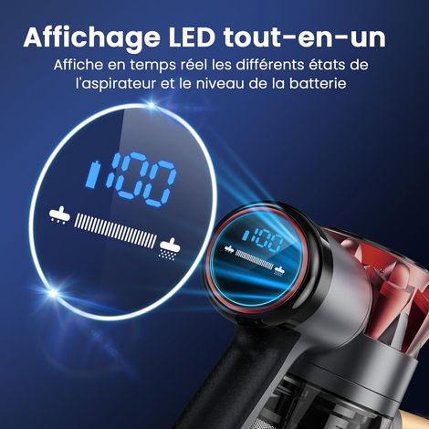 Balai-aspirateur sans fil S3P gris et rouge, nettoyage puissant, rechargeable, idéal sols durs et tapis (1/5)