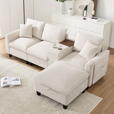 DESMIU Canapé d'angle convertible 4 places avec console, porte-gobelets, ports USB, poches latérales en velours côtelé Beige (1/5)