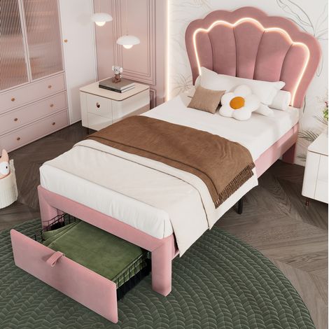 letto singolo 90x200 con cassetto LED velluto rosa OKMYHOME (1/5)