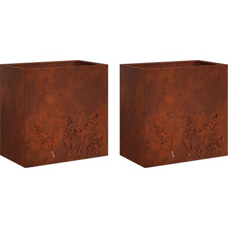 Lot de 2 Cache-Pots de Jardin Rectangulaires Bacs Extérieur en Acier Patiné Rouillé (1/5)