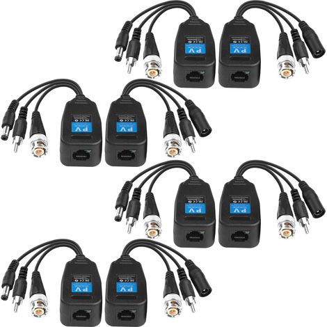 Lot de 4 balun passifs 3 en 1 pour vidéo, audio et alimentation, émetteur-récepteur BNC vers RJ45 Cat5e/Cat6, AHD/TVI/CVI/CVBS, 1080p pour surveillance de sécurité HD (1/5)