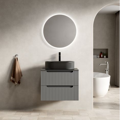 Mobile bagno sospeso 60x46x62.2 cm, lavabo ovale in ceramica, doppio cassetto soft close, legno nero, grigio scuro, pietra sinterizzata (1/5)