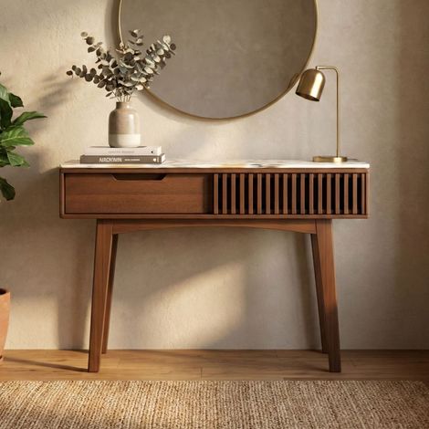 Console 110x30x75cm en bois de manguier brun et terrazzo - KYOJO
