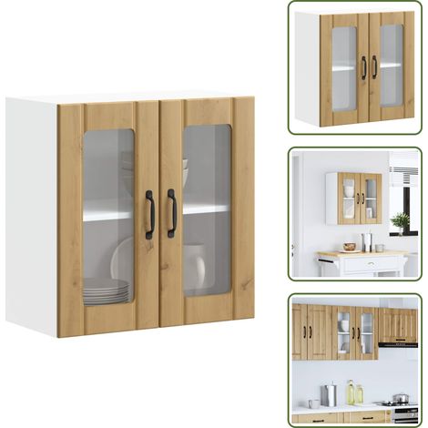The Living Store Armario de cocina de pared con puerta de cristal "Lucca" de, roble artesanal, madera de ingeniería - Armario de pared