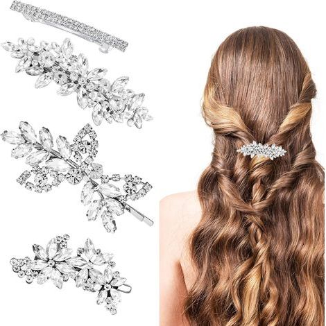 Lot de 4 accessoires pour cheveux en strass argentés, pinces brillantes pour mariée, décorations en cristal pour cérémonies de remise de diplômes (1/5)