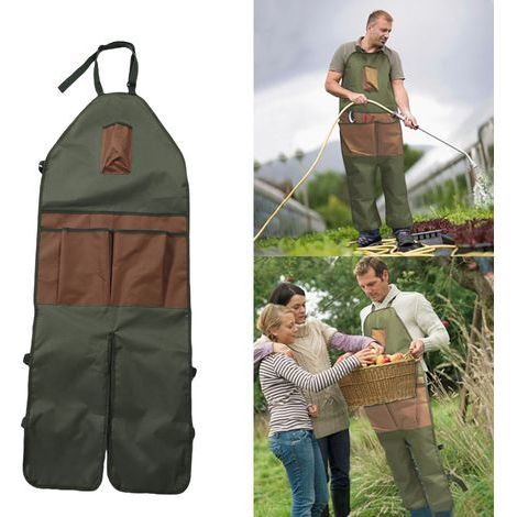 Tablier de jardinage en tissu Oxford 600D imperméable, long et ajustable, avec protection des jambes et multiples poches pour la cueillette, la taille et les travaux extérieurs. Vert avec poches marro (1/5)
