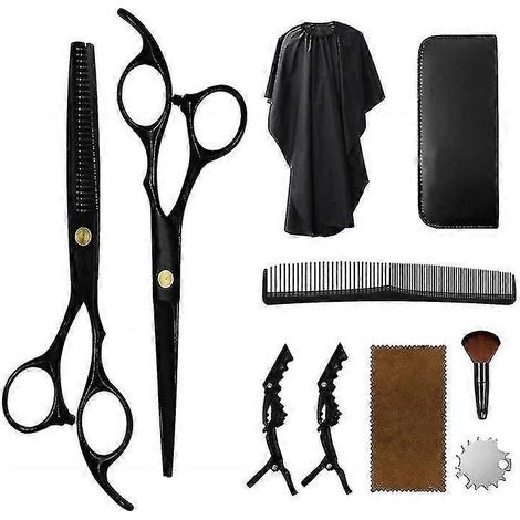 Ensemble de ciseaux de coiffure, ciseaux de coiffure professionnels avec ciseaux à effiler, kit de coiffure noir (10 pièces noires) (1/5)