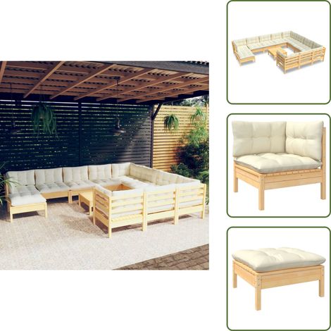 12-tlg. Garten-Lounge-Set mit Creme Kissen Kiefernholz - Garten Lounge Set - Kiefernholz Möbel - Outdoor Wohnzimmer - Gartenmöbel - Loungesessel (1/5)