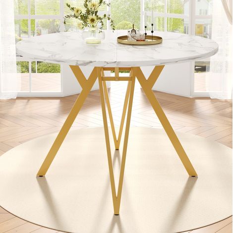 Mesa redonda 100x100x76 cm MDF efecto mármol, base metal dorado y diseño contemporáneo (1/5)
