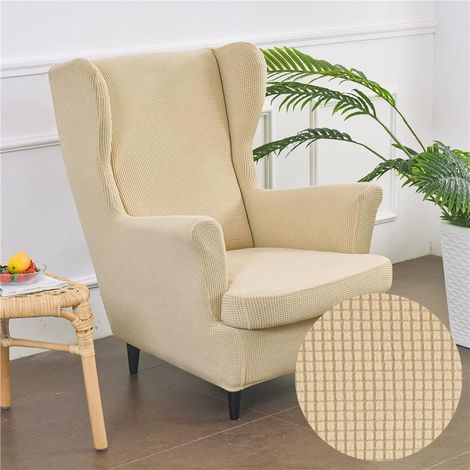 Housse de Fauteuil à Oreilles Extensible 2-Pièces Couverture de Fauteuil avec Housse de Coussin en T, Couleur Unie Jacquard Épaissir Strandmon Housse de Fauteuil Antidérapante (Beige) (1/5)