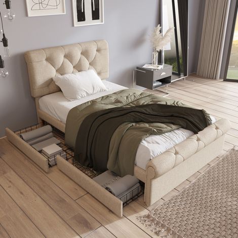 Lit simple Chesterfield 90x200 cm en lin naturel, structure bois et métal, 2 tiroirs, tête de lit réglable (1/5)