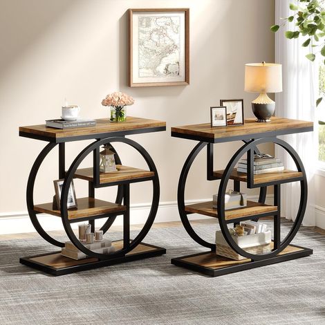 Tribesigns End Table for Living Room, 4-Tier Narrow Side Table with Storage Shelves, Industrial Bedside Table for Bedroom, Wood Small Sofa Side Table with Geometric Metal Frame (2 PC, Rustic Brown)