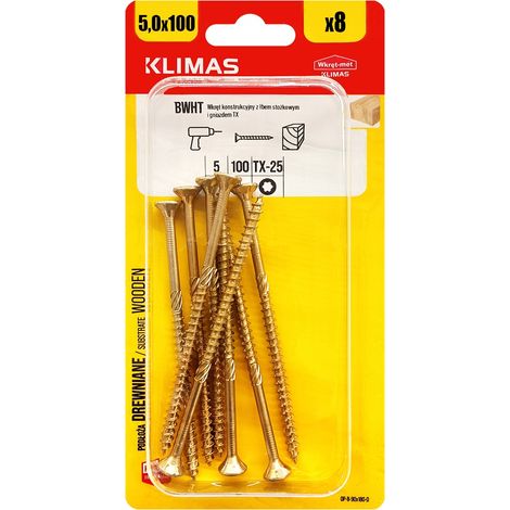 Vis Charpente Bois Klimas, 5 x 100 mm, Empreinte Torx, Tête Fraisée, Blister 8 Pièces (1/5)