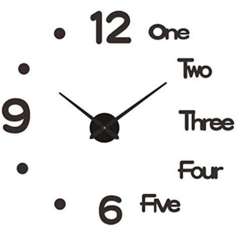 DIY Pendule Murales，Taille:30cm，Pendule Murale de Mode Moderne Horloge Murale sans Cadre 3D Miroir Autocollant Décoration de La Maison Horloge Murale Muette(Noir)