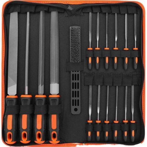 (Couleur orange) 17 limes et râpes, lime à métal en acier forgé, 4 grandes limes à métal, 12 limes aiguilles à métal et 1 brosse de nettoyage. (1/3)