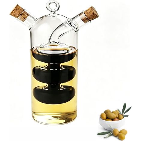Bouteilles distributrices d'huile d'olive et de vinaigre, 2 en 1 en verre transparent, double distributeur d'huile en verre pour récipient de cuisine (1/5)