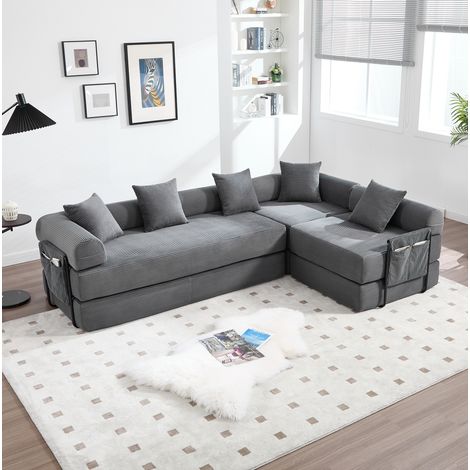 FloraGrace Canapé modulaire convertible 270 x 180 x 64 cm, velours côtelé, poche latérale, gris foncé (1/5)