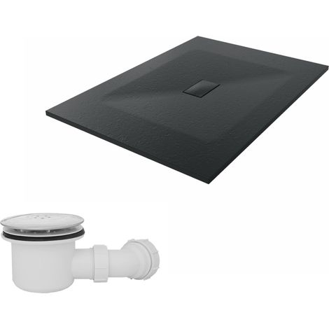 NRG 1400 x 1000mm SMC Black Rectangle Slate Effect Bathroom Shower Tray & Fluidmaster Fast Flow Waste Trap (1/5)