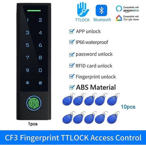 Clavier de contrôle d'accès par empreinte digitale RFID, application TTLOCK pour smartphone, entrée Bluetooth, relais étanche, lecteur de carte à puce, ouvre-porte de porte CF3-IC, clé bleue (1/5)