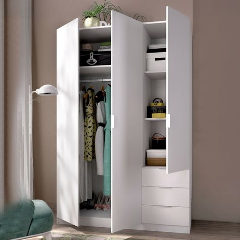 Dmora - Armario Dbarro, Perchero para dormitorio, Armario con 3 puertas batientes y 3 cajones, 121x52h184 cm, Blanco (1/5)