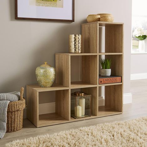 Step Style Storage Cube 6 Shelf Bookcase Wooden Display Staircase Sonoma Oak (1/5)