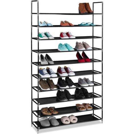 Etagere A Chaussures - 10 Etages - 175 5 X 100 X 29 Cm - Pour 50 Paires - Cadre Acier Tissu Non Tisse - Noir (1/5)