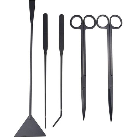 Kit d'aquarium 5 en 1 en acier inoxydable pour plantes aquatiques - Pince à épiler, ciseaux et spatule - Noir (1/5)