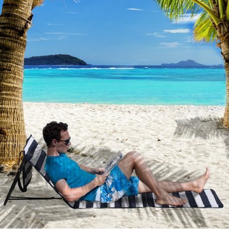 Lettini da spiaggia pieghevoli 2 pezzi in acciaio e tessuto Oxford nero e blu a righe bianche, schienale regolabile (1/5)