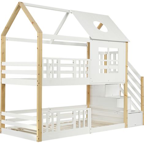 Letto a castello a casetta con scala contenitore 90x200 cm bianco e naturale MODENUIT (1/5)