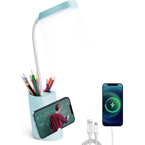 Lampe de Bureau Enfant, Lampe de Bureau LED Tactile Dimmable 3 Niveaux de LuminositéRe Chargeable Animal Desk Lamp Sans Fil, Porte-Stylo et Support - Bleu- (1/4)