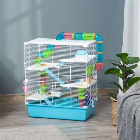 Käfig für kleine Nagetiere, 5 Ebenen, mit Laufrad und Rampen, hellblau und weiß HAVRYA (1/4)