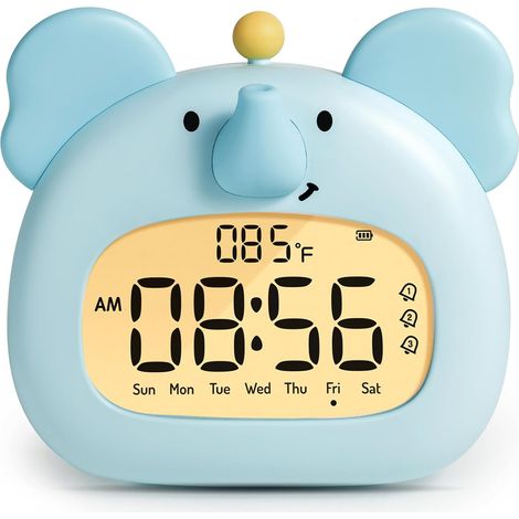 Elefantenwecker fürs Kinderzimmer, blauer Elefantenwecker mit Nachtlicht, einstellbarer Helligkeit, 3 Alarmen, lautem Alarm, Timer, Weckergeschenk für Jungen.